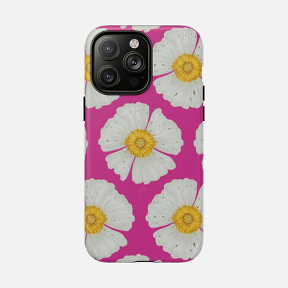 Pink phone case with white flowers and yellow centers, floral design for iPhone