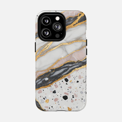 Marble and terrazzo phone case with gold accents for iPhone 14 Pro