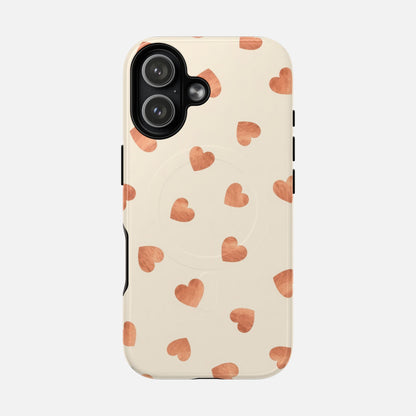 Heart Pattern Tough Magnetic Phone Case — Peach Watercolor Hearts, MagSafe Compatible iPhone 17 Glossy Phone Case