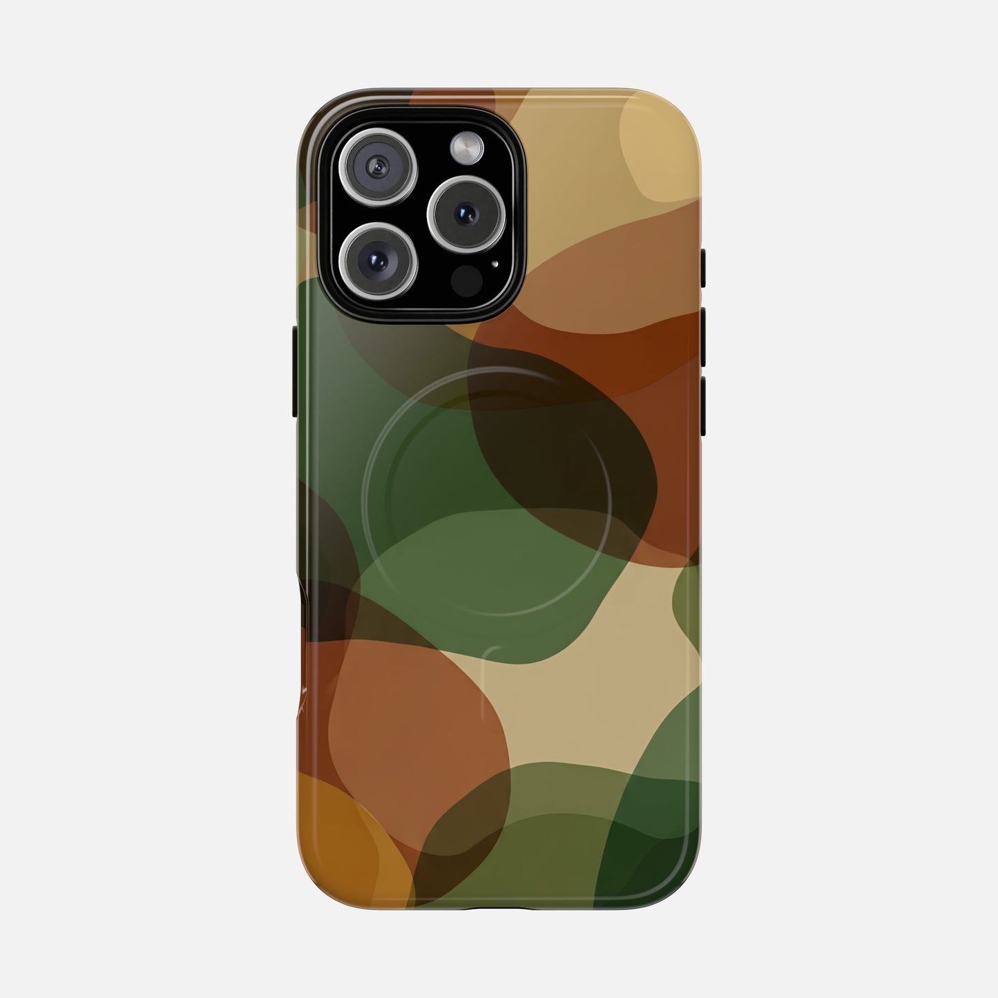 Camouflage phone case with green, brown, and tan abstract pattern for iPhone Pro