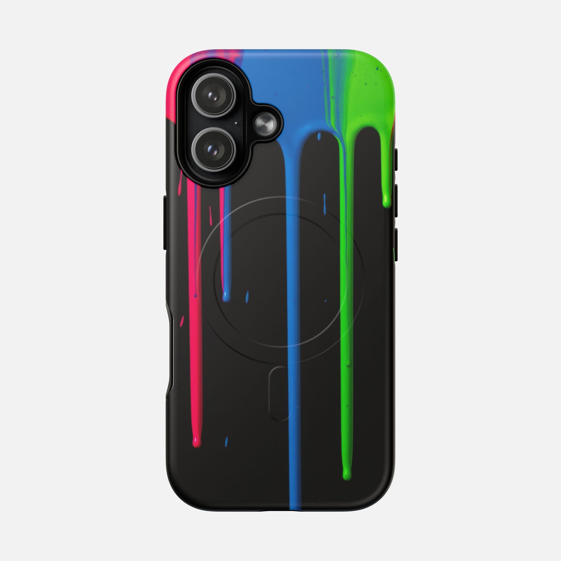 Neon Drip Tough Magnetic Case – Black Phone Cover with Bright Pink, Blue & Green Paint Drips iPhone 17 Matte Phone Case