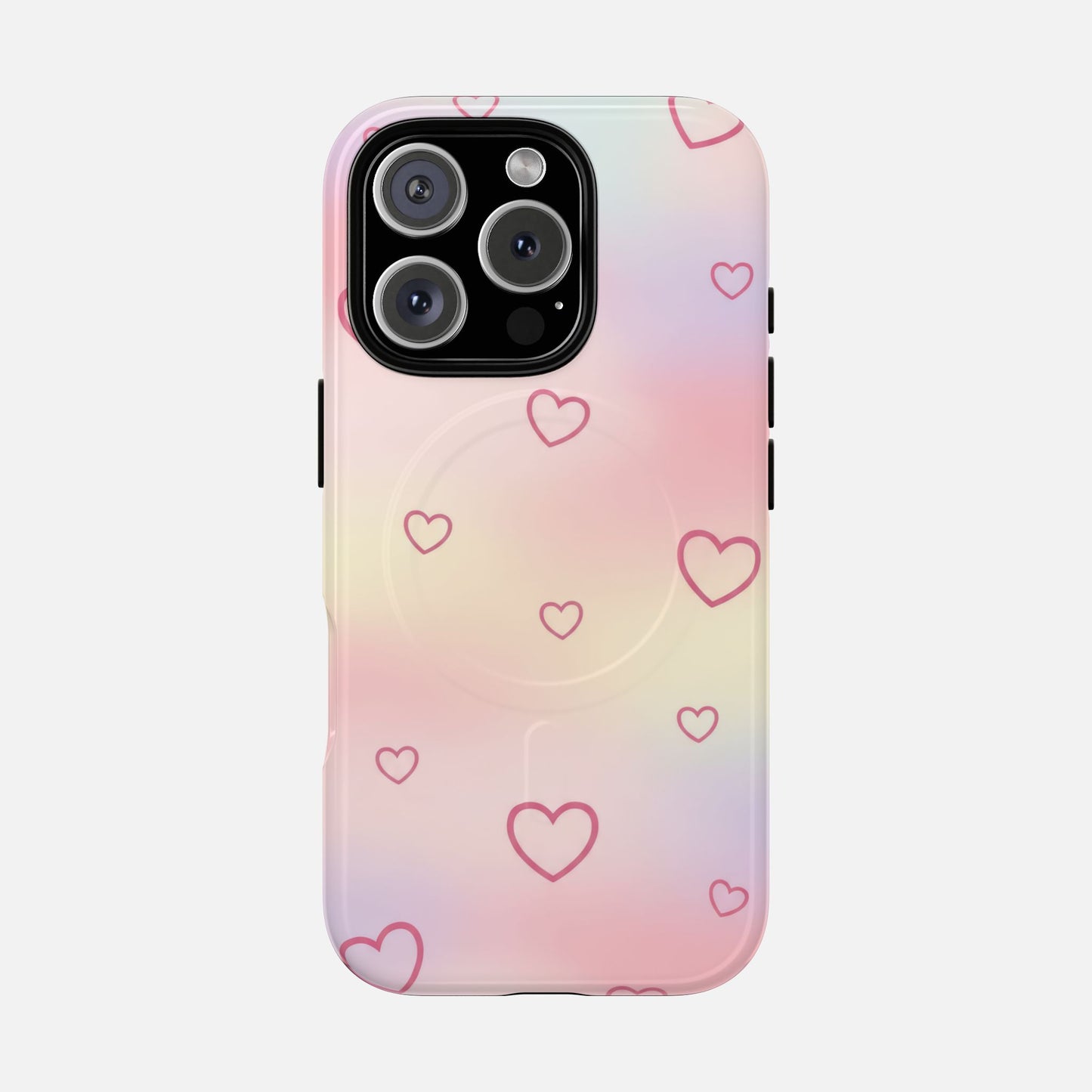 Pastel gradient phone case with pink heart pattern, compatible with iPhone Pro models