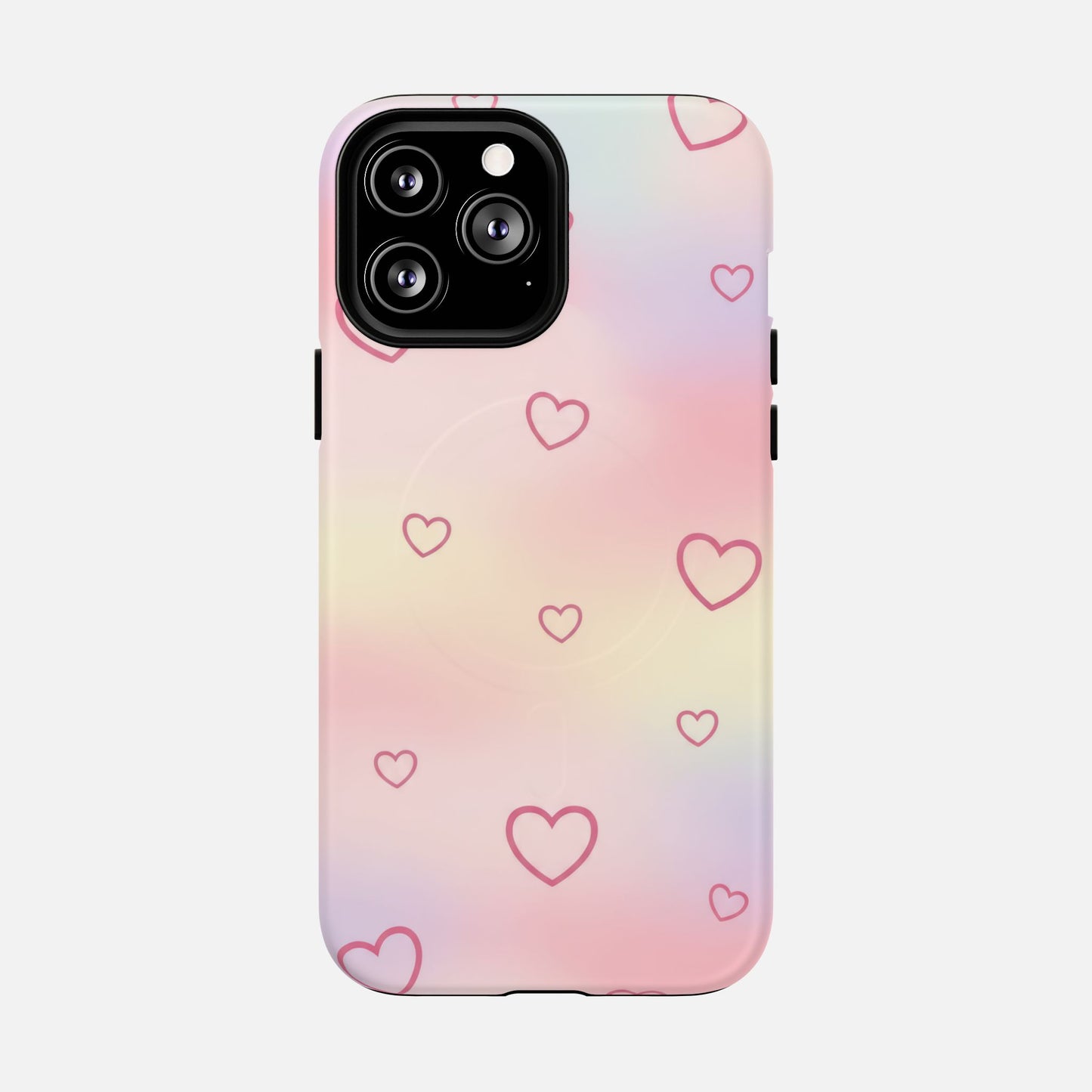 Pastel gradient phone case with pink heart pattern, stylish and protective design for iPhone