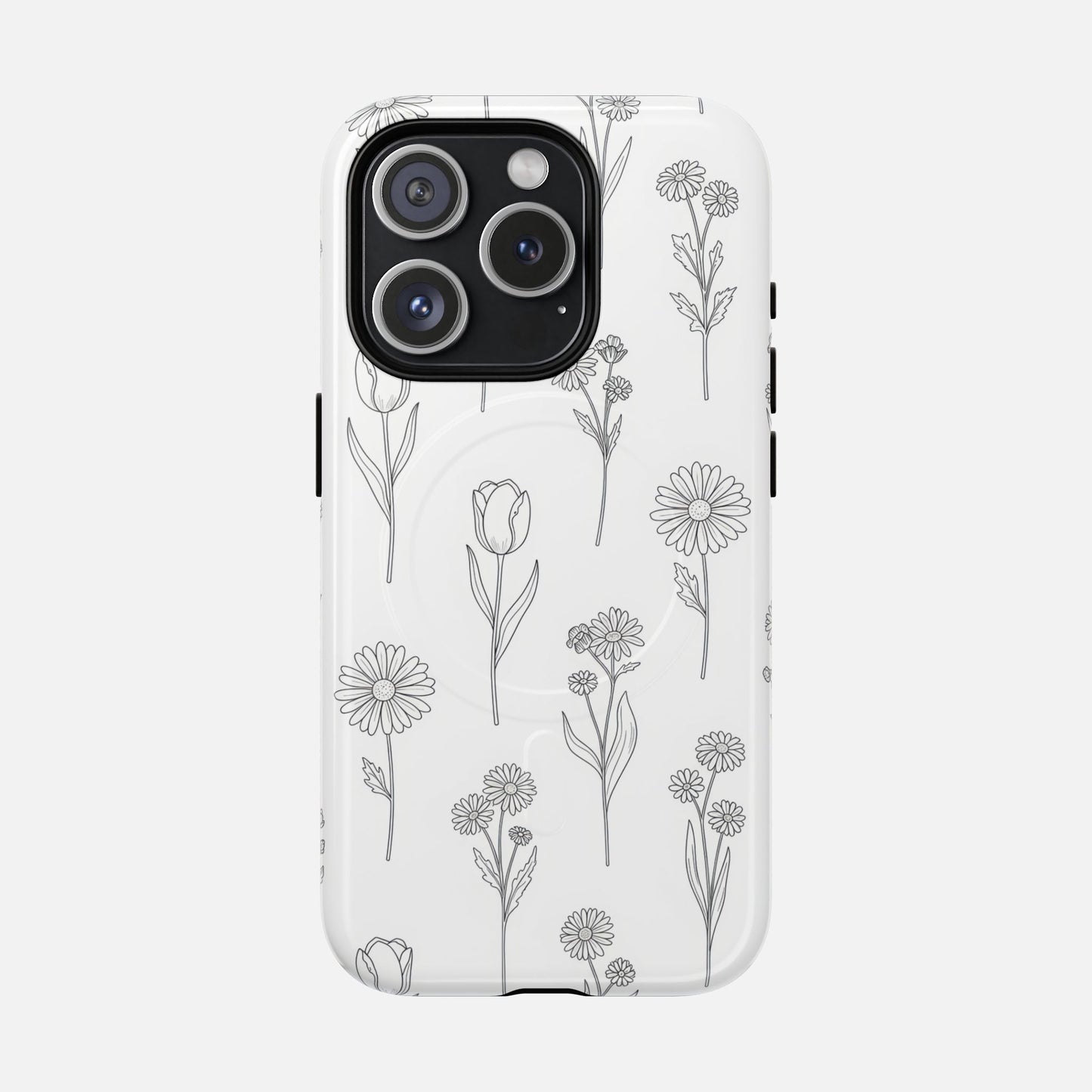 Floral Sketch Tough Magnetic Phone Case — Minimal Black Line Flower Design iPhone 15 Pro Glossy Phone Case