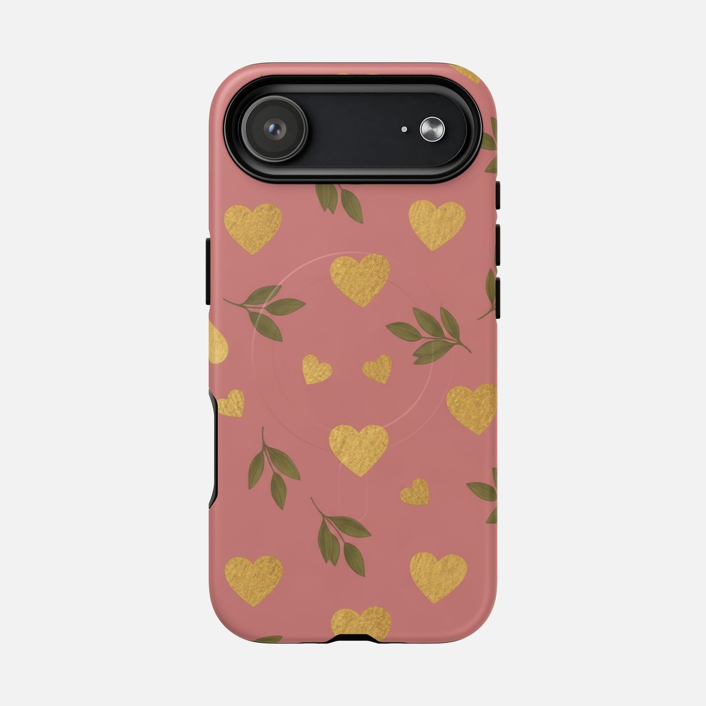 Pink phone case with gold glitter hearts and green leaves, stylish protective cover for iPhone
