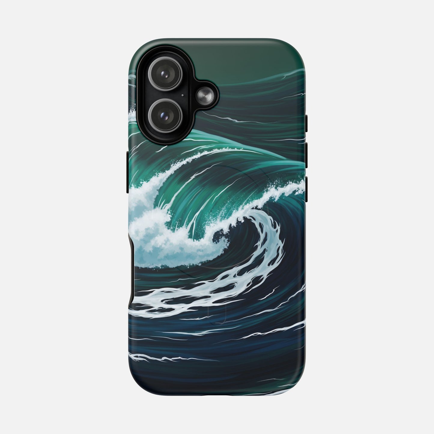 Ocean wave phone case with teal and navy surf design, protective cover for iPhone