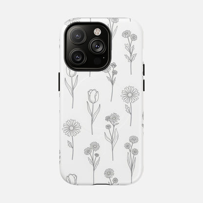Floral Sketch Tough Magnetic Phone Case — Minimal Black Line Flower Design iPhone 14 Pro Matte Phone Case