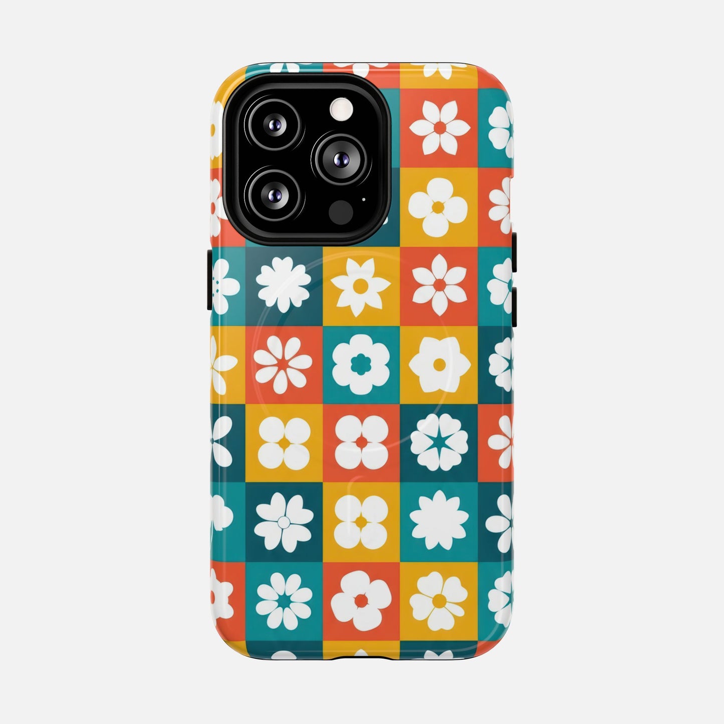 Floral Checkerboard Retro Color Block iPhone Case — Tough Magnetic | MagSafe Compatible
