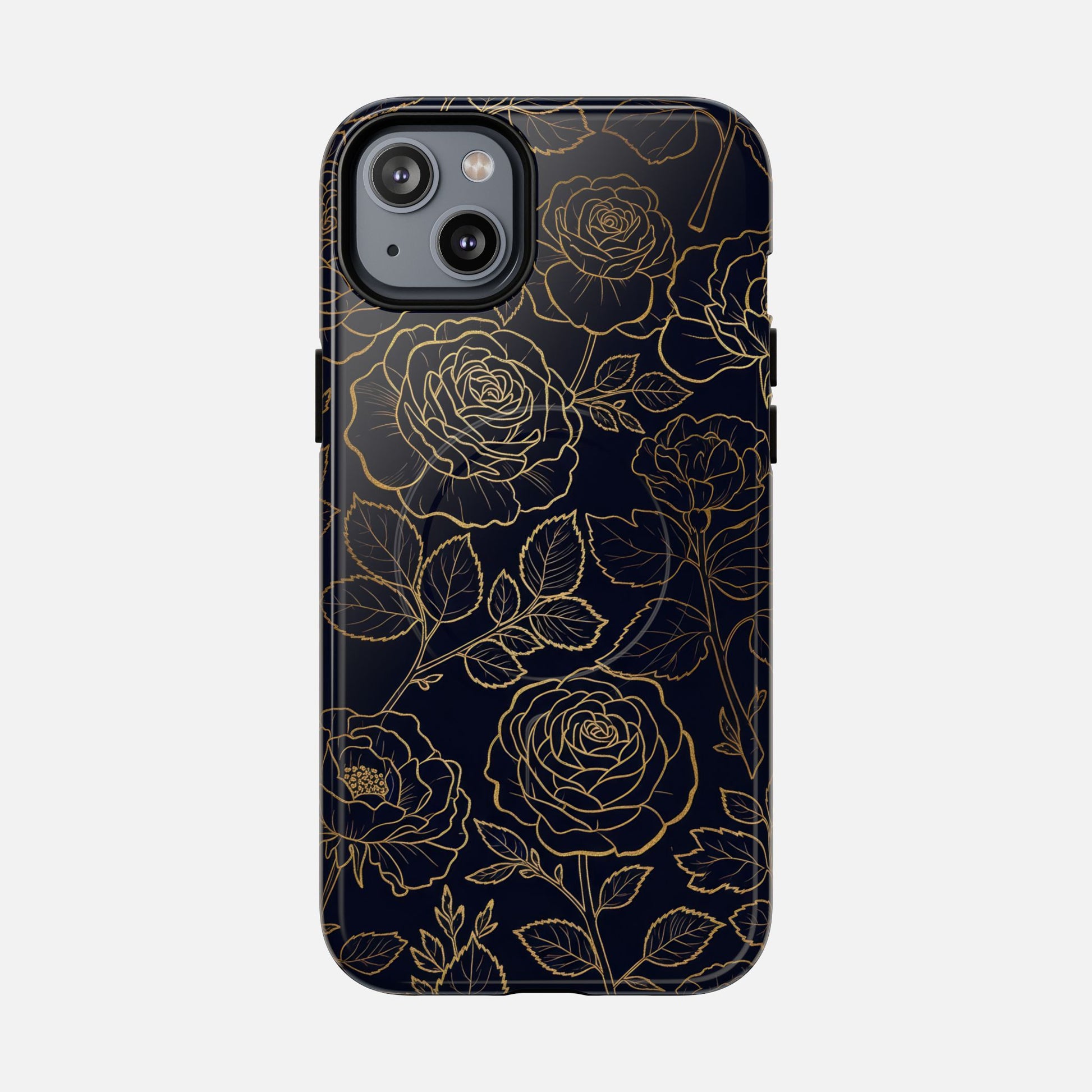 Floral Gold Outline Tough Magnetic Case — Elegant Black Rose Phone Cover iPhone 14 Plus Glossy Phone Case