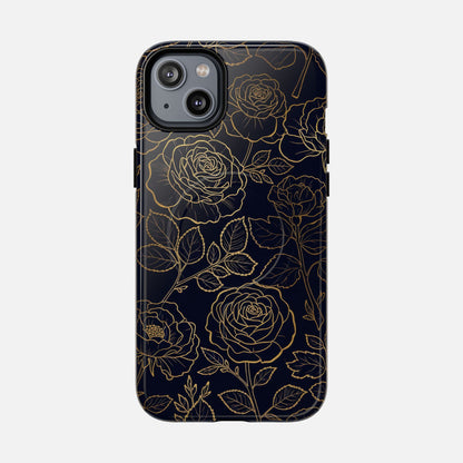 Floral Gold Outline Tough Magnetic Case — Elegant Black Rose Phone Cover iPhone 14 Plus Glossy Phone Case