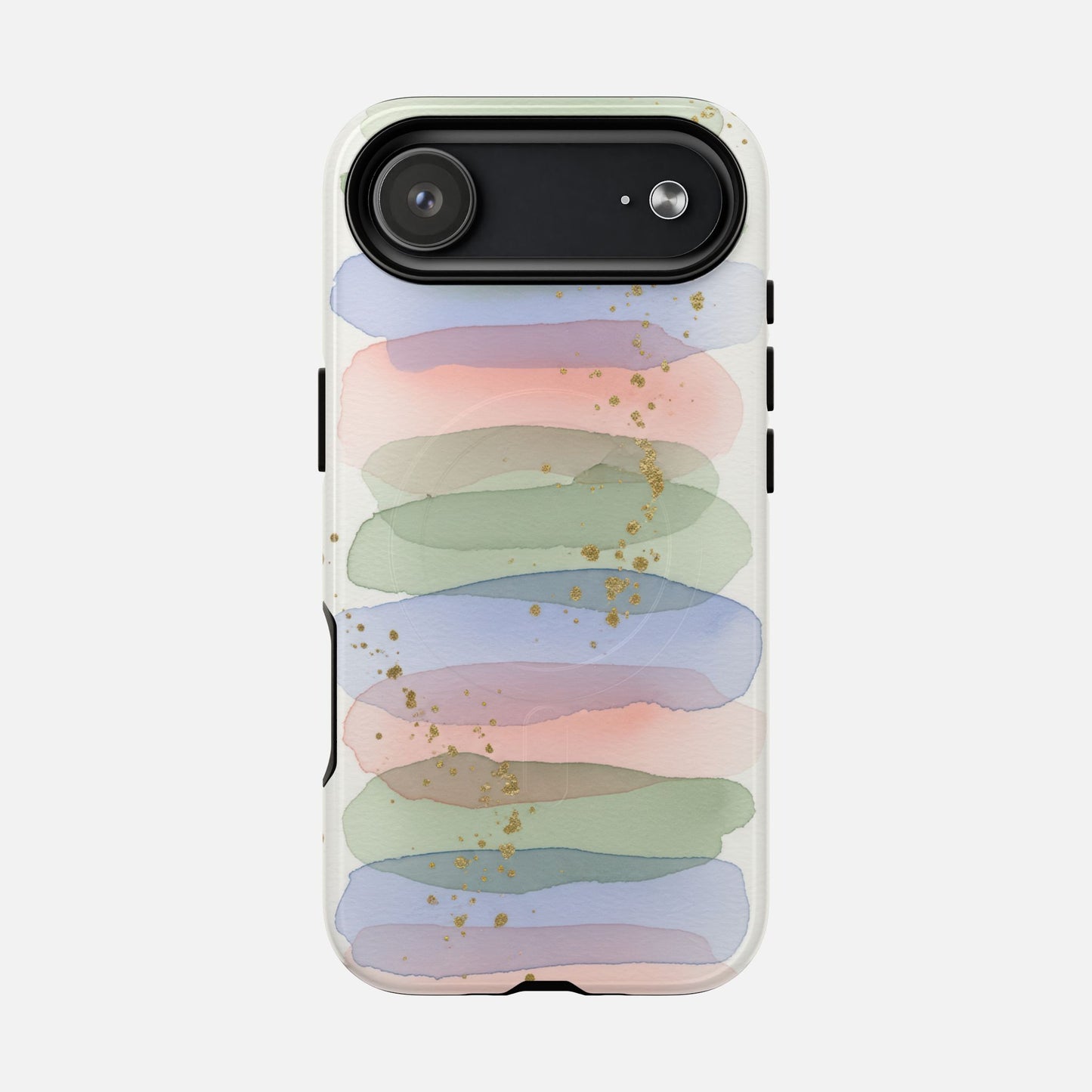 Pastel watercolor phone case with gold glitter accents, modern abstract design for iPhone