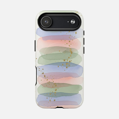 Pastel watercolor phone case with gold glitter accents, modern abstract design for iPhone