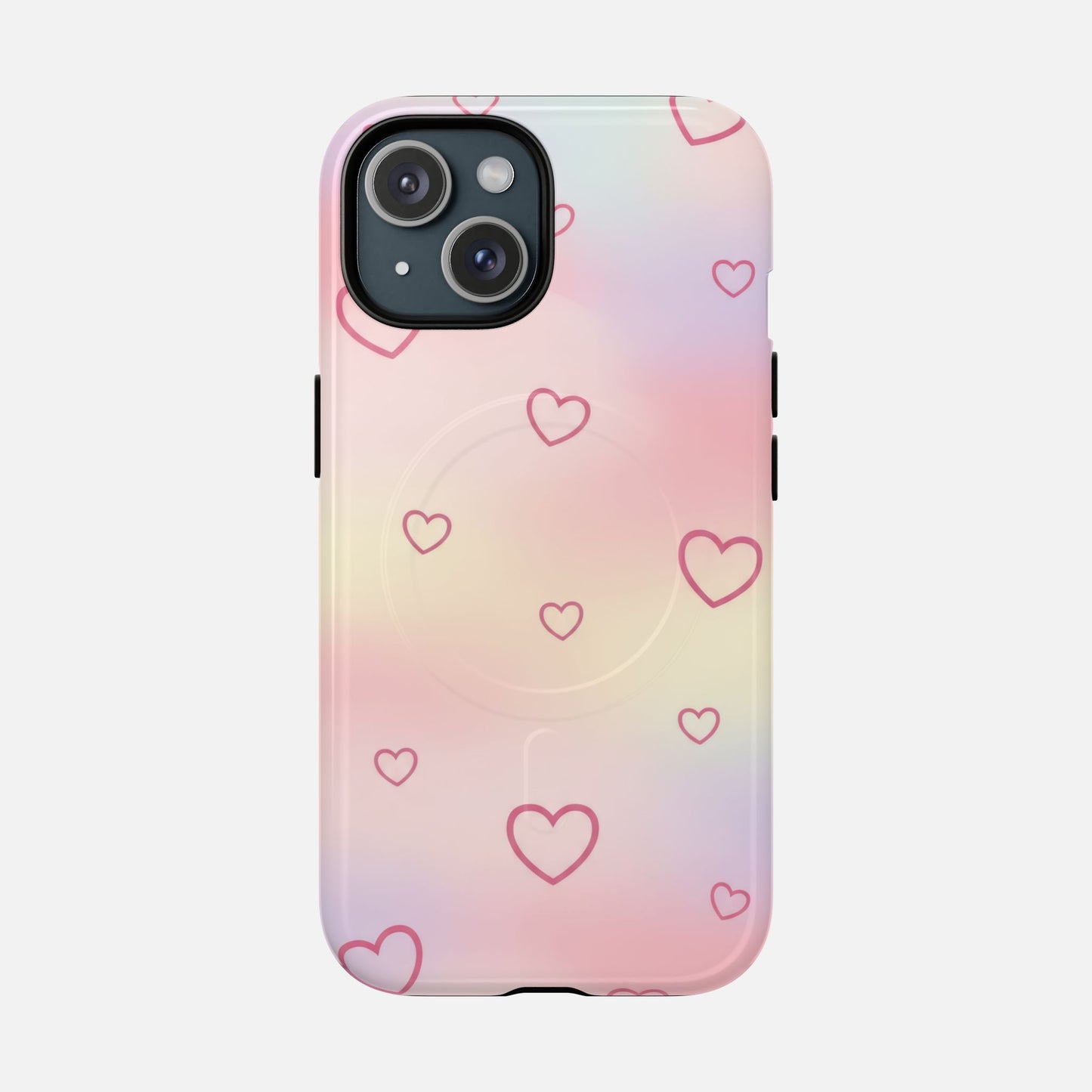 Pink gradient phone case with heart pattern, compatible with iPhone 14, featuring pop socket grip