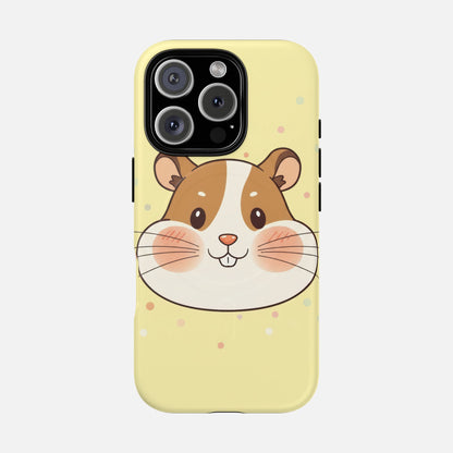 Cute hamster phone case with pastel yellow background and colorful dots, perfect for animal lovers