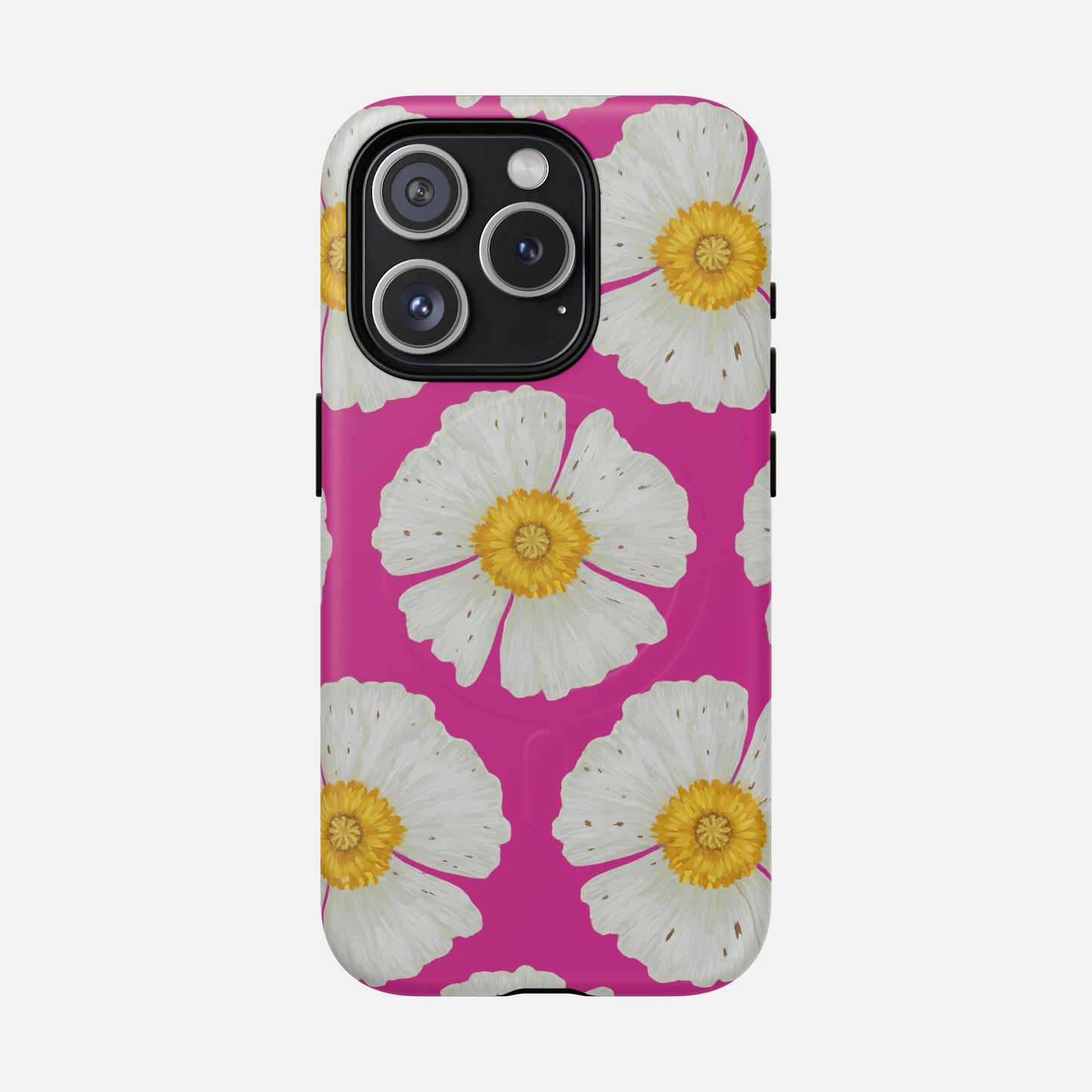 Pink phone case with white daisy flowers and yellow centers, floral design for iPhone