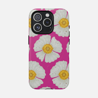 Pink phone case with white daisy flowers and yellow centers, floral design for iPhone