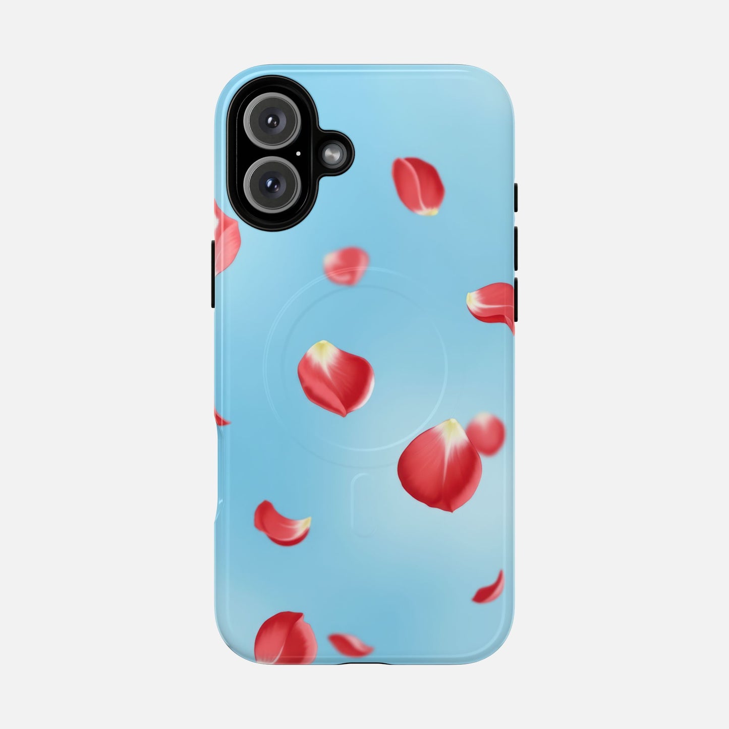 Light blue phone case with floating red rose petals, modern floral design for iPhone