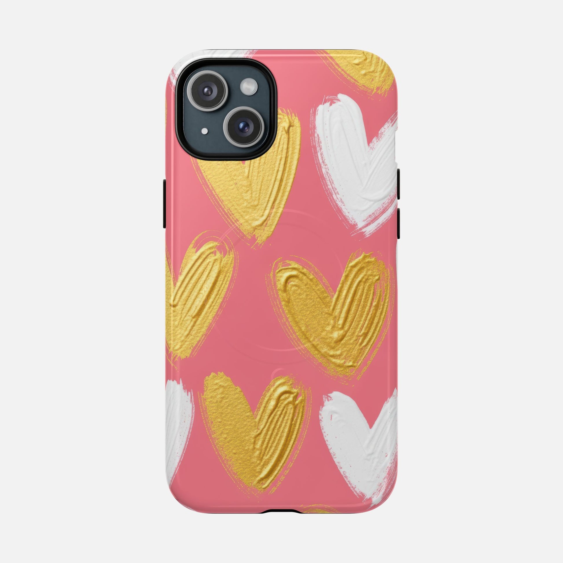 Phone Case — Pink Gold & White Heart Tough Magnetic Case iPhone 15 Plus Glossy Phone Case