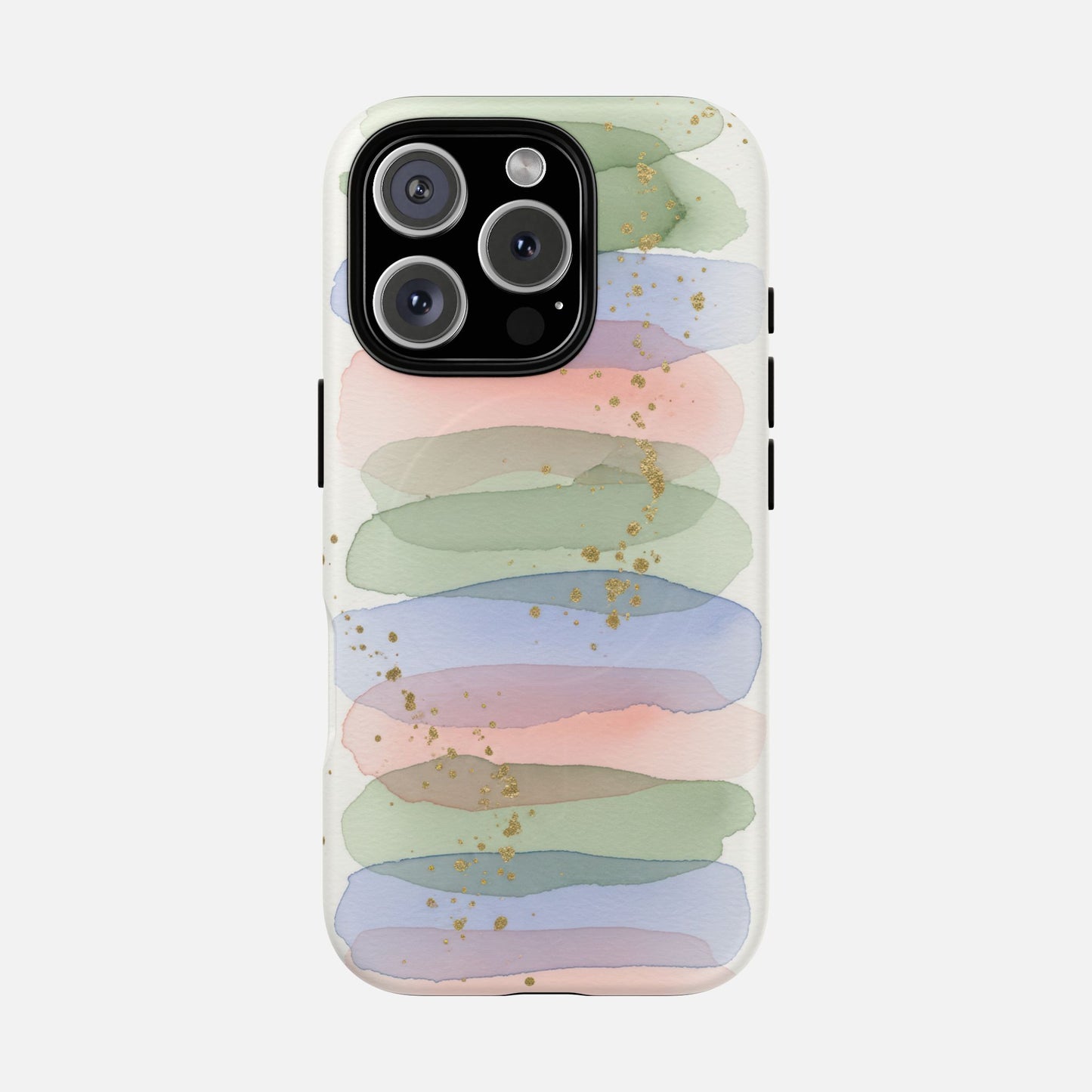 Pastel watercolor phone case with gold glitter, artistic design for iPhone