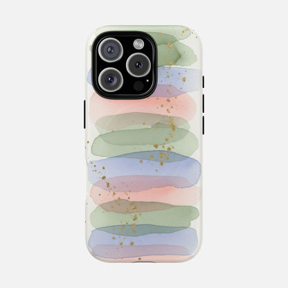 Pastel watercolor phone case with gold glitter, artistic design for iPhone