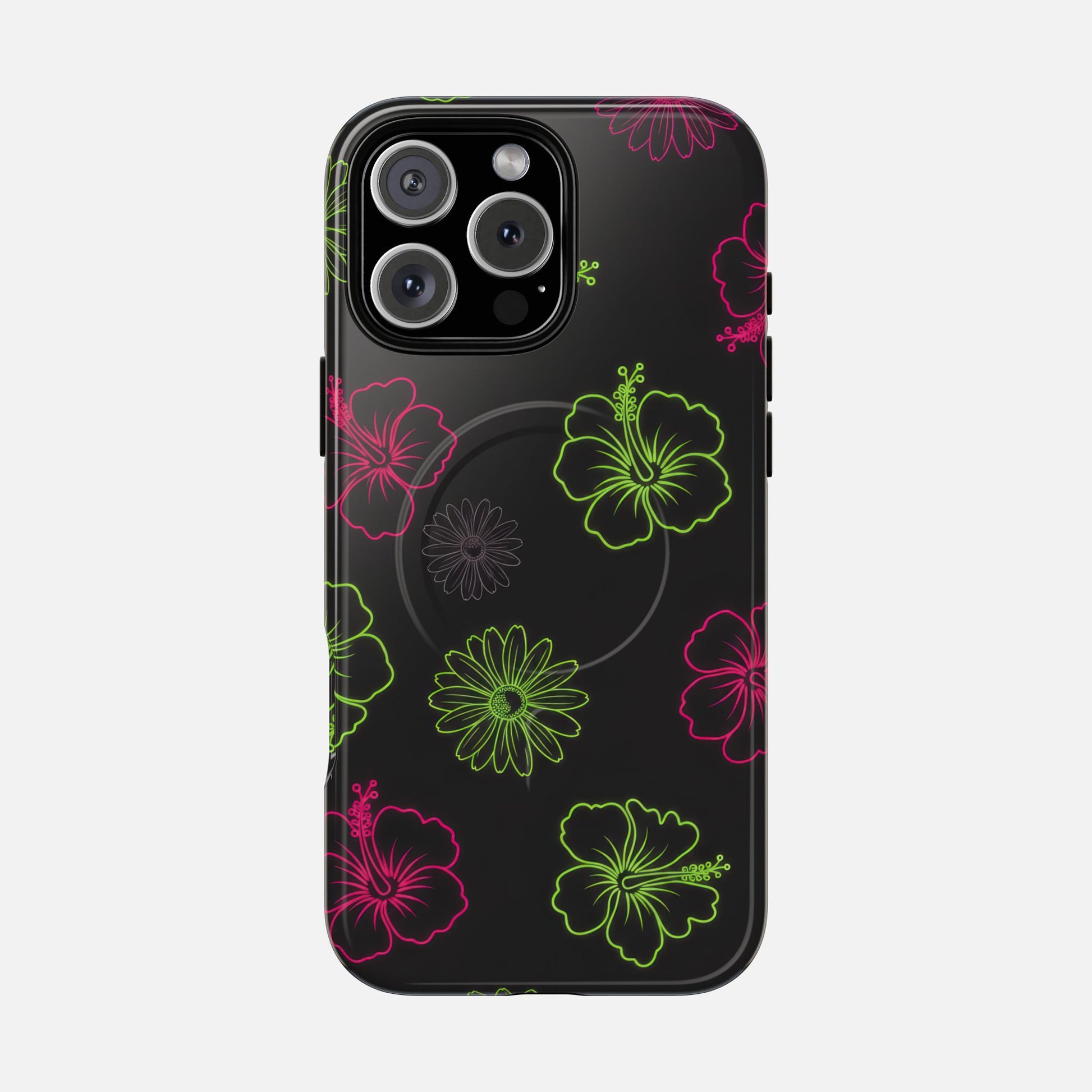 Neon Hibiscus Tough Magnetic Phone Case — Tropical Floral Protective Cover iPhone 16 Pro Max Glossy Phone Case