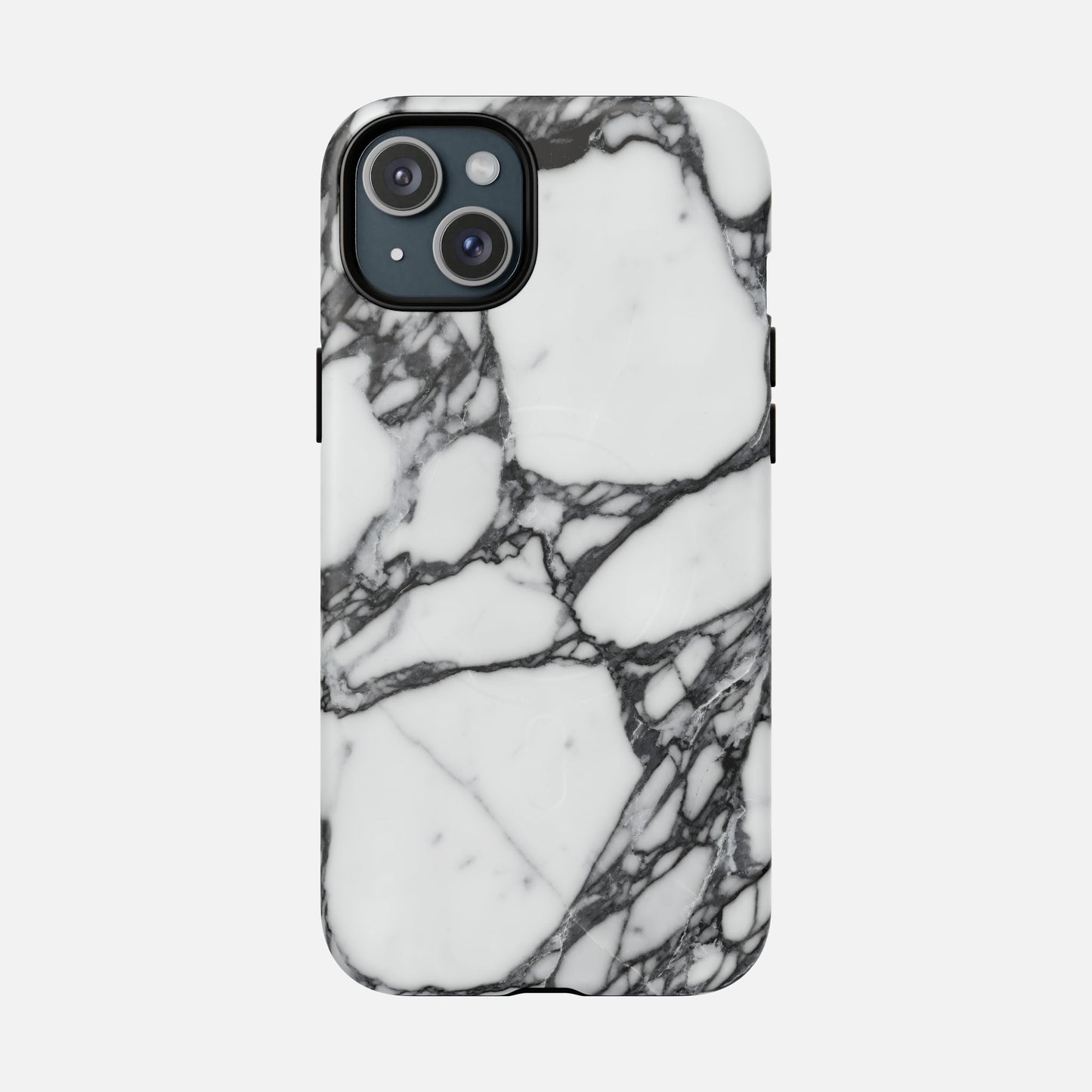 White and black marble pattern phone case with dual camera cutout on white background