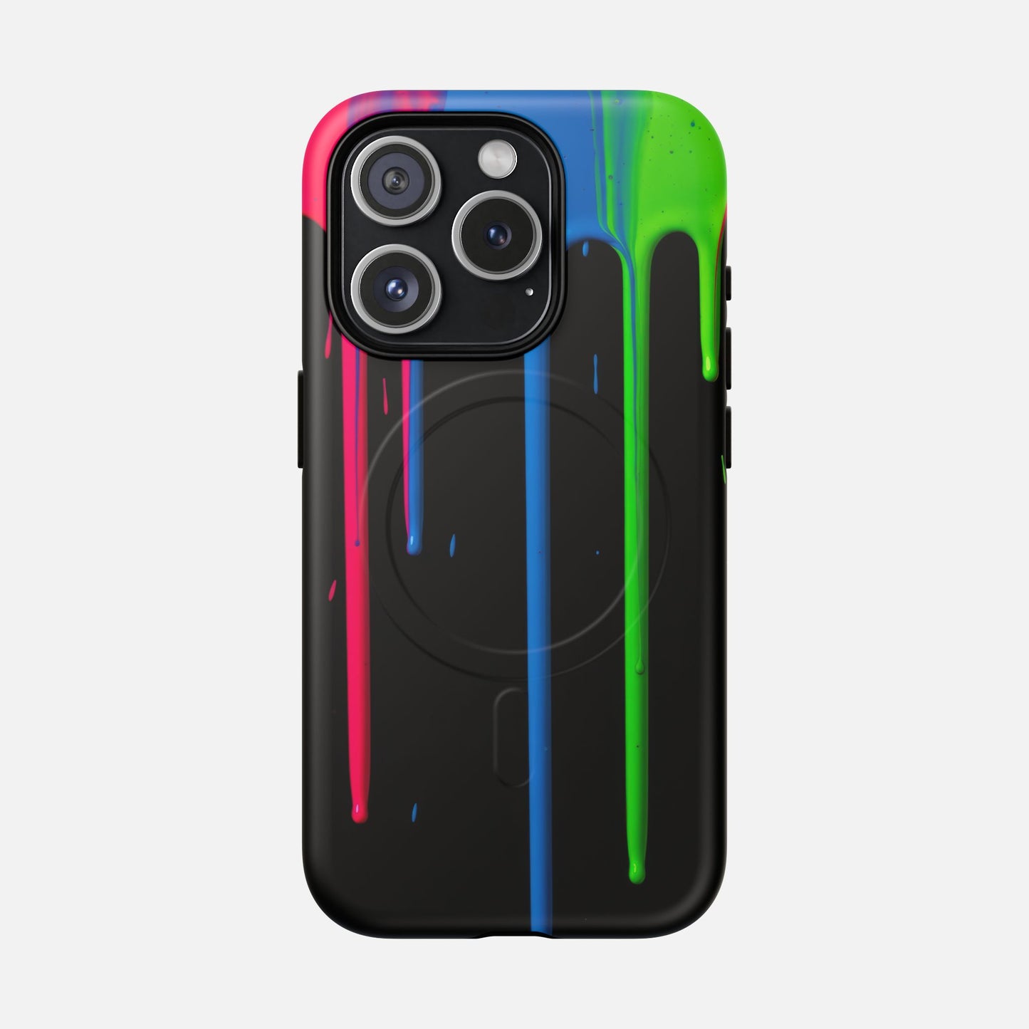 Neon Drip Tough Magnetic Case – Black Phone Cover with Bright Pink, Blue & Green Paint Drips iPhone 15 Pro Matte Phone Case