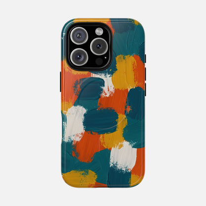 Abstract Brushstroke Colorful Teal, Orange & Mustard iPhone Case — Tough Magnetic | MagSafe Compatible