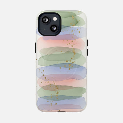 Pastel watercolor phone case with gold glitter accents, soft green, blue, pink stripes for iPhone