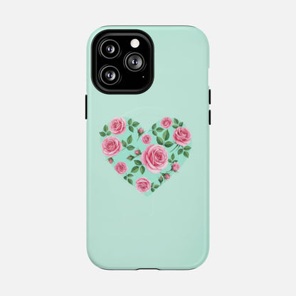Floral Heart & Mint Rose iPhone Case — Tough Magnetic | MagSafe Compatible