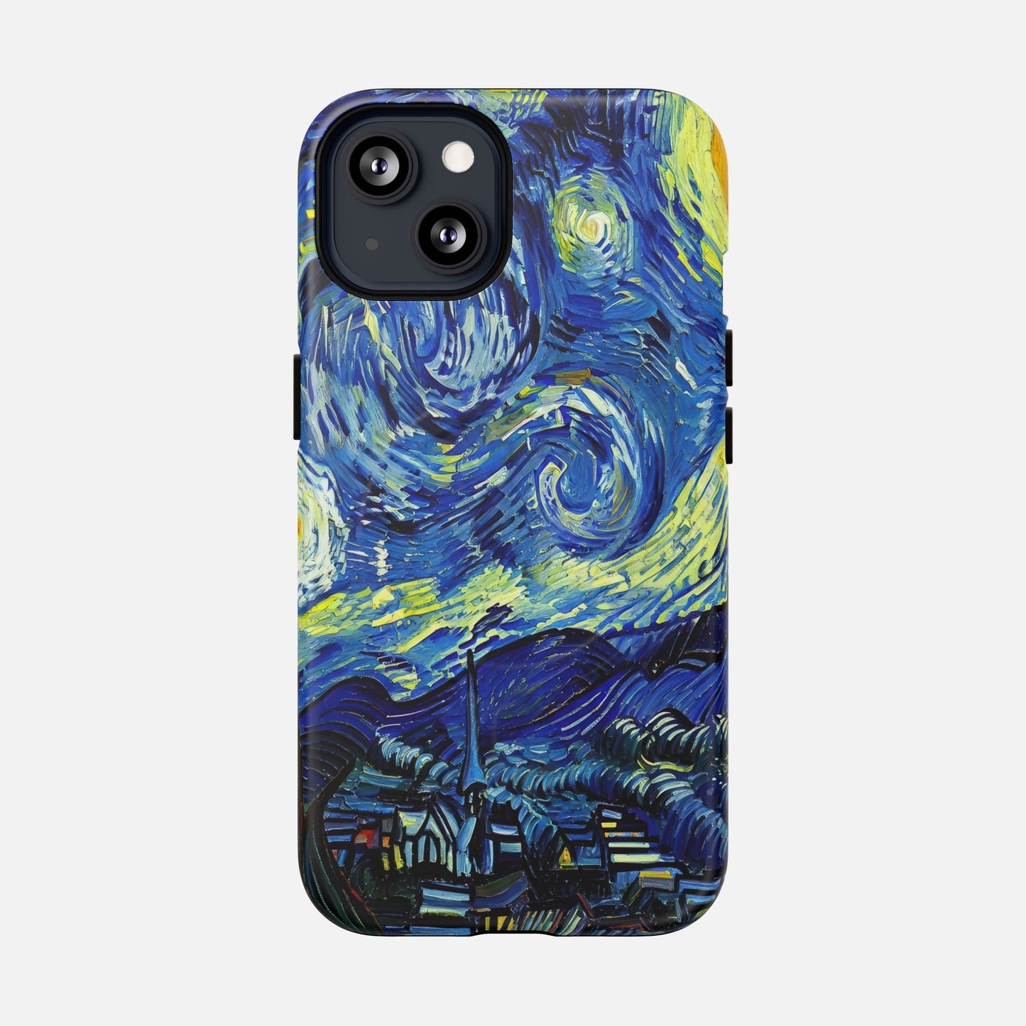 iPhone case with Van Gogh's Starry Night artwork, vibrant blue and yellow swirls, artistic phone protection