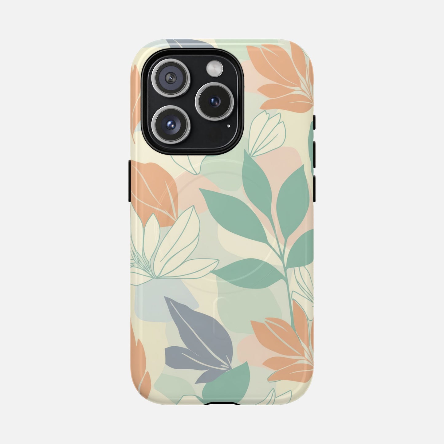 Floral Pastel Tough Magnetic Phone Case — Soft Green & Peach Botanical Design iPhone 15 Pro Glossy Phone Case