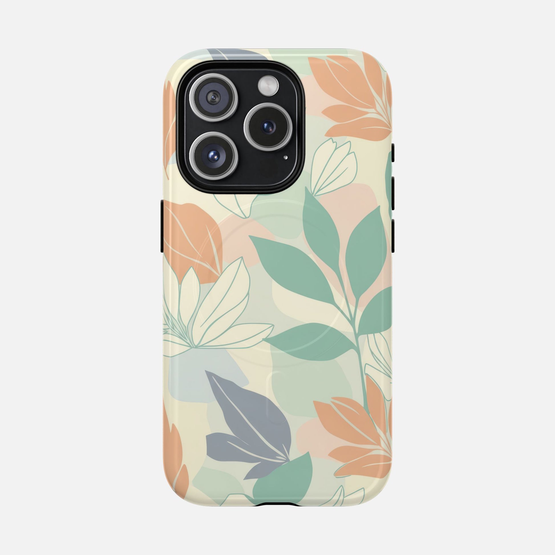 Floral Pastel Tough Magnetic Phone Case — Soft Green & Peach Botanical Design iPhone 15 Pro Glossy Phone Case