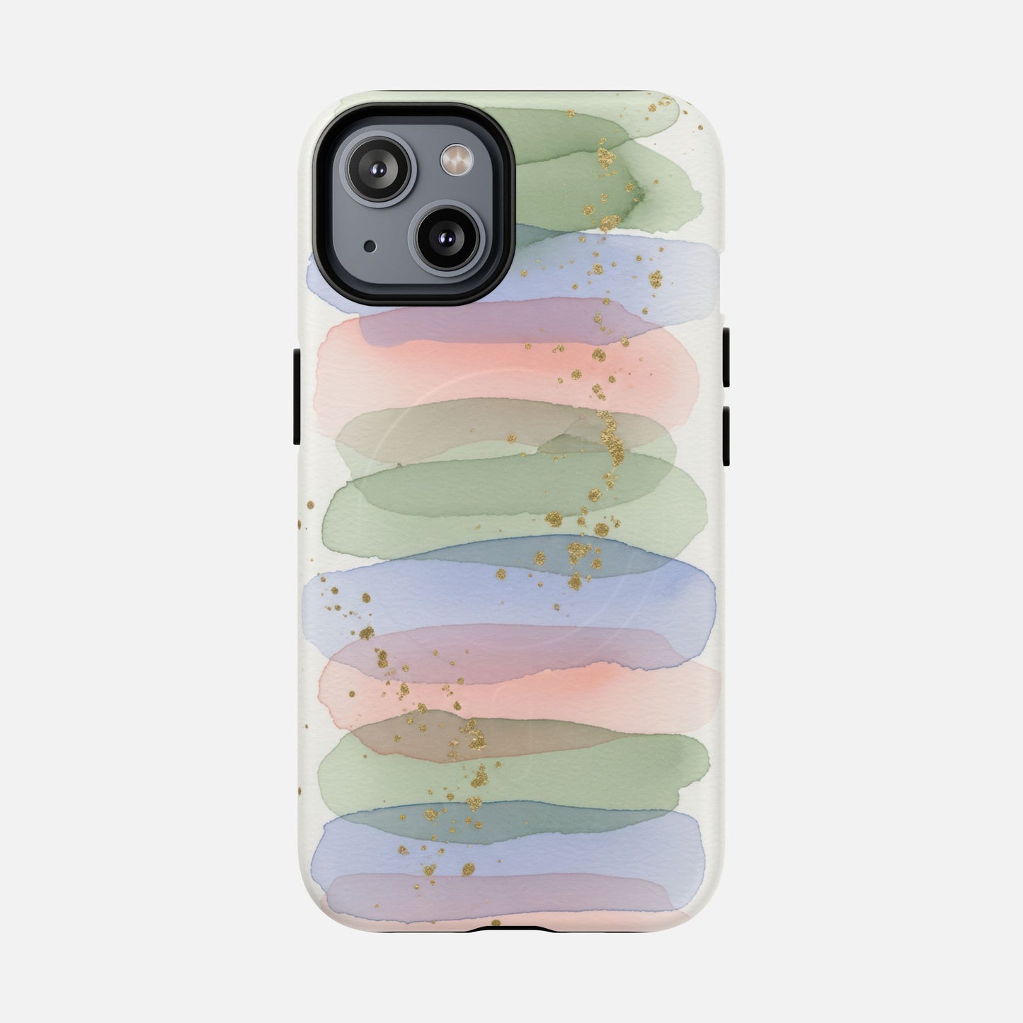 Pastel watercolor phone case with gold speckles, soft green, pink, blue stripes, modern artistic design