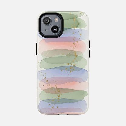 Pastel watercolor phone case with gold speckles, soft green, pink, blue stripes, modern artistic design