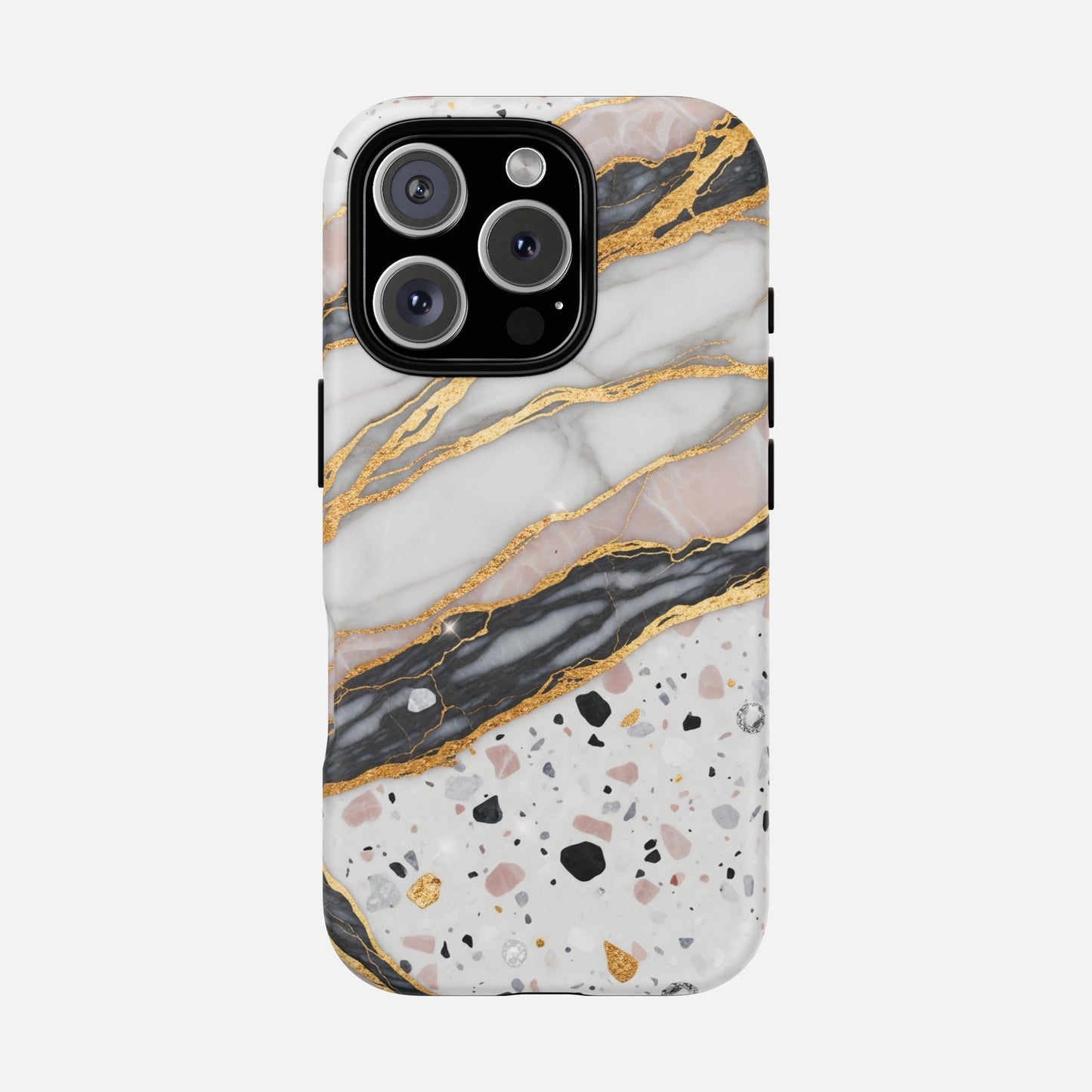 Luxury marble and gold phone case with terrazzo design, stylish protection for iPhone