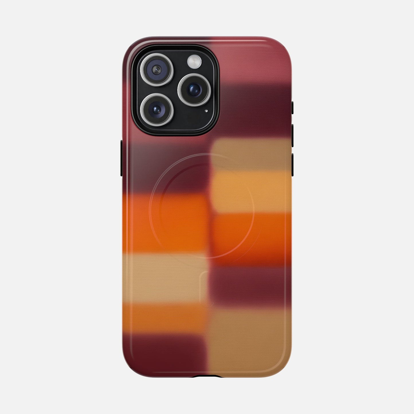 iPhone case with autumn plaid pattern in red, orange, and tan hues, modern design for phone protection