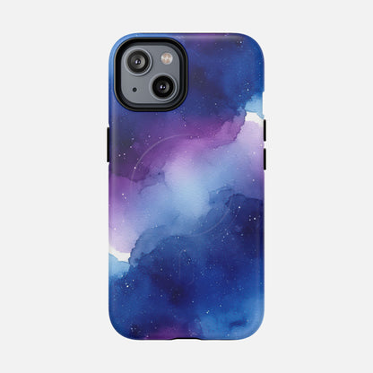 Galaxy Watercolor Tough Magnetic Phone Case — Blue Purple Nebula MagSafe Cover iPhone 14 Matte Phone Case