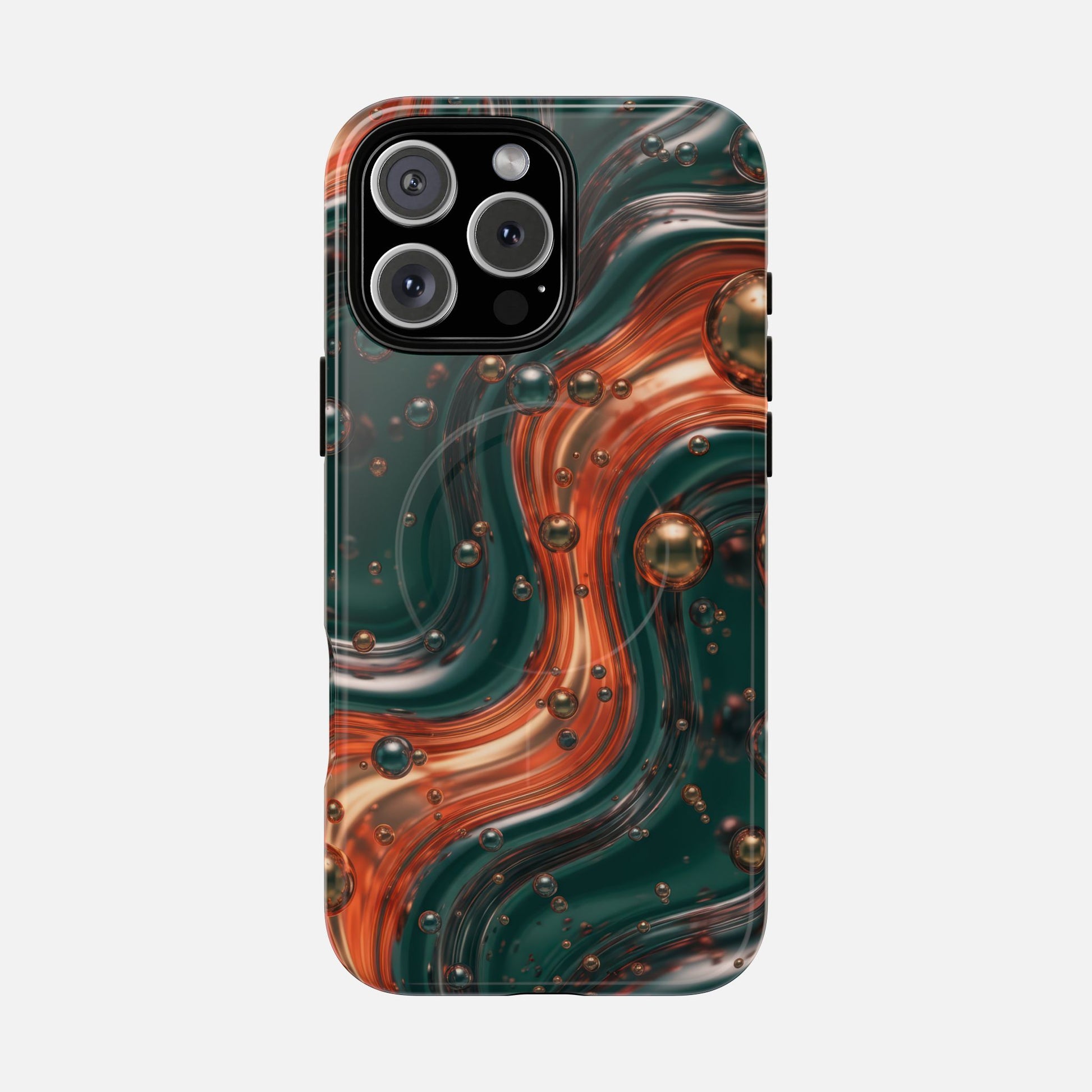 Magnetic Phone Case — Emerald & Copper Liquid Swirl Protective Cover iPhone 16 Pro Max Glossy Phone Case