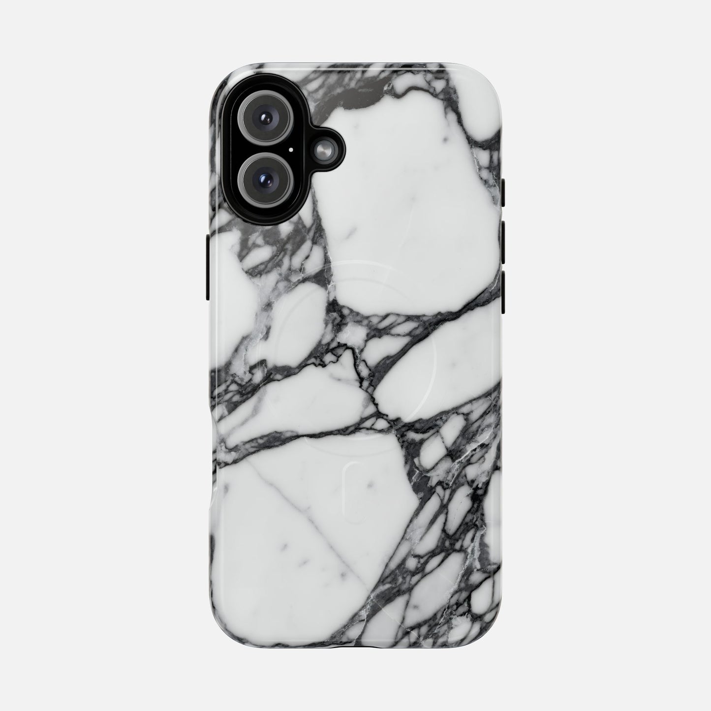 White marble phone case with black vein pattern, stylish protective design