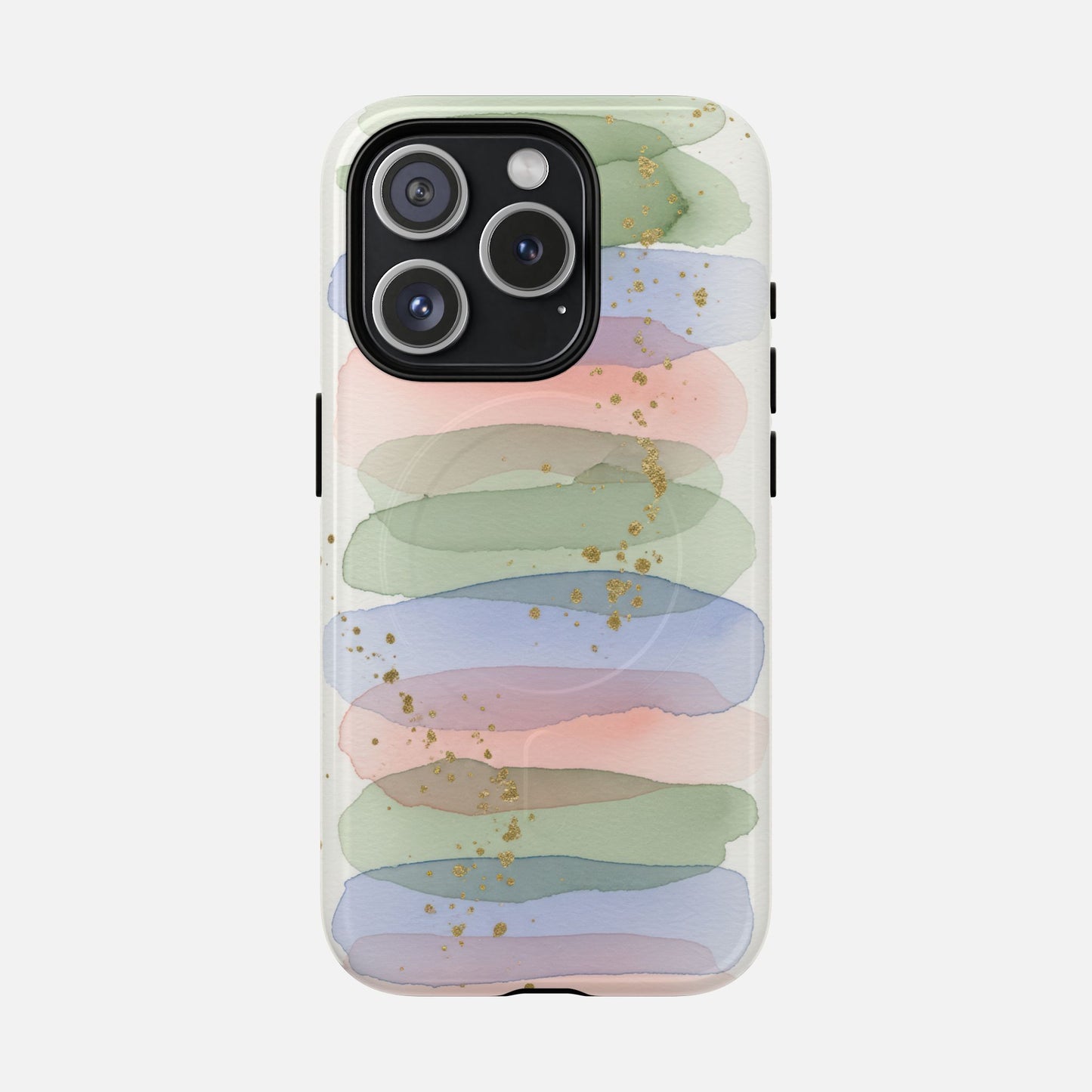 Pastel watercolor phone case with gold glitter, soft green pink blue stripes, modern artistic design