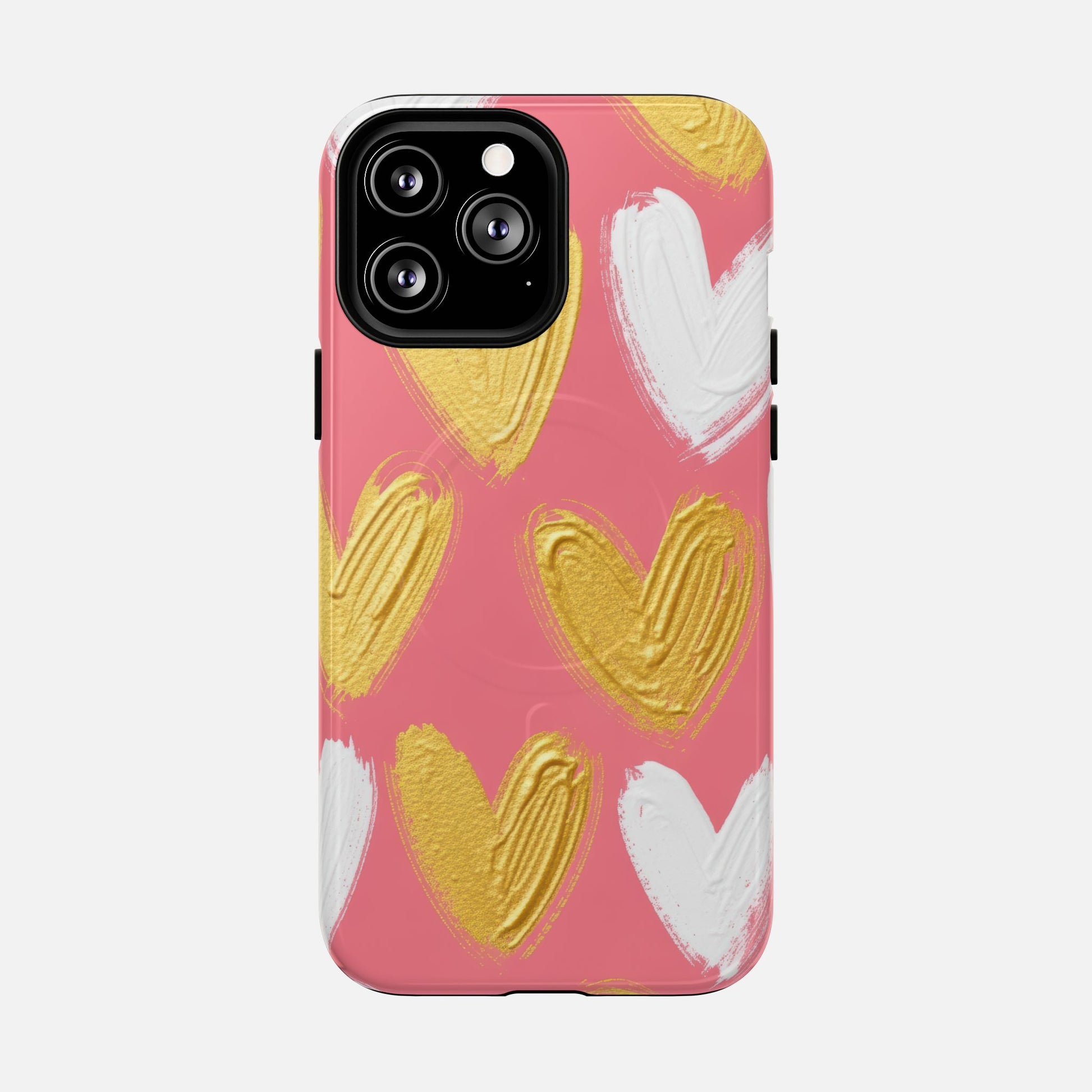 Phone Case — Pink Gold & White Heart Tough Magnetic Case iPhone 13 Pro Max Glossy Phone Case