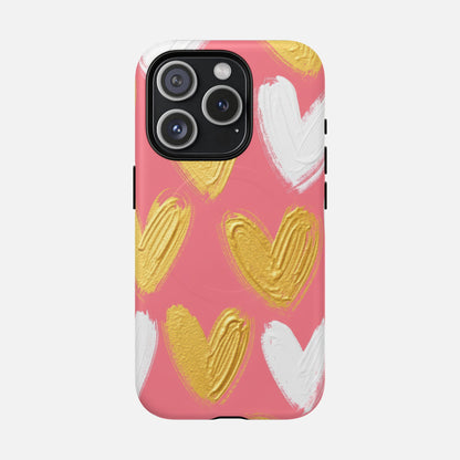 Phone Case — Pink Gold & White Heart Tough Magnetic Case iPhone 15 Pro Matte Phone Case