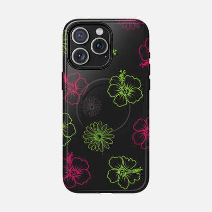 Neon Hibiscus Tough Magnetic Phone Case — Tropical Floral Protective Cover iPhone 15 Pro Max Glossy Phone Case