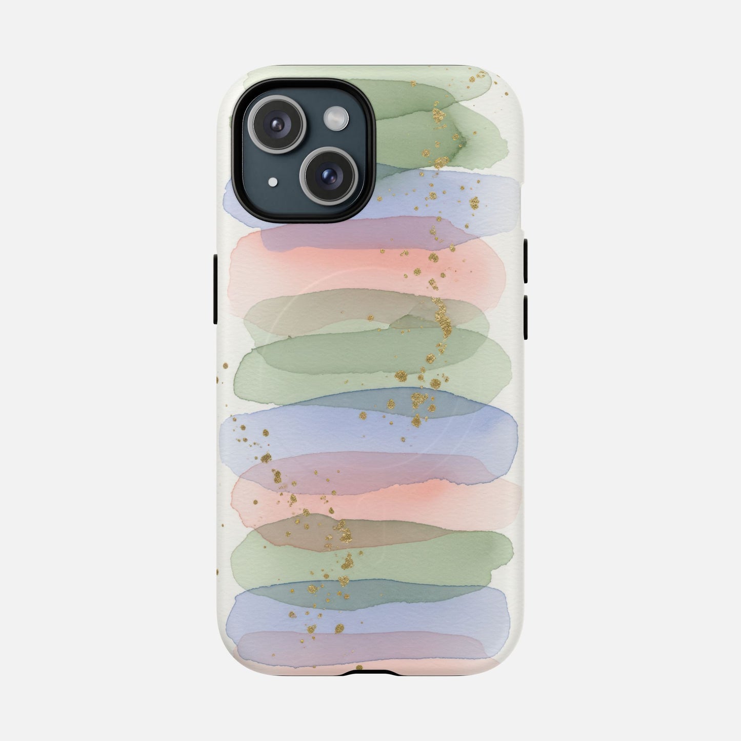Pastel watercolor phone case with gold glitter accents, modern abstract design for iPhone