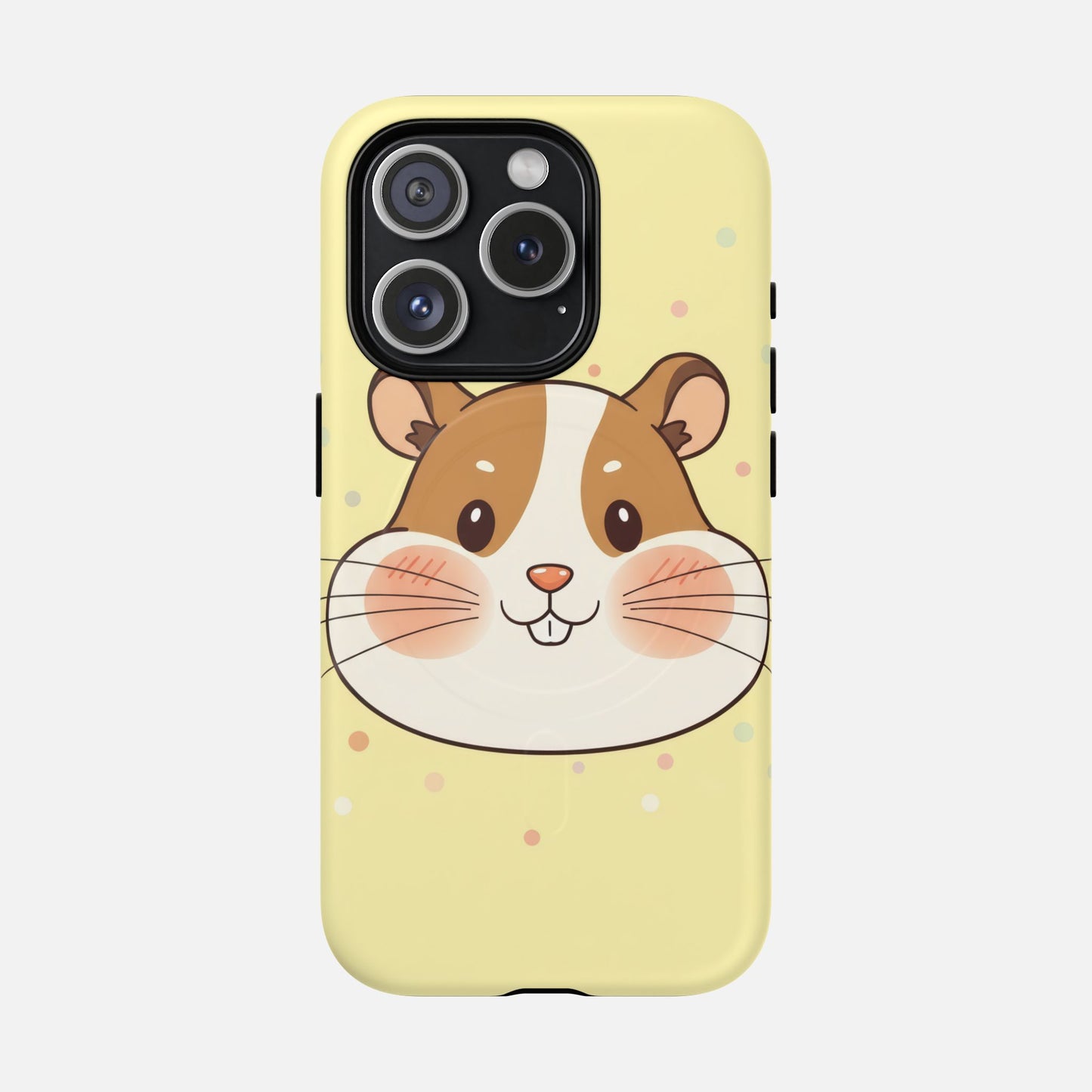 Cute hamster phone case with pastel polka dots, perfect for iPhone protection and style