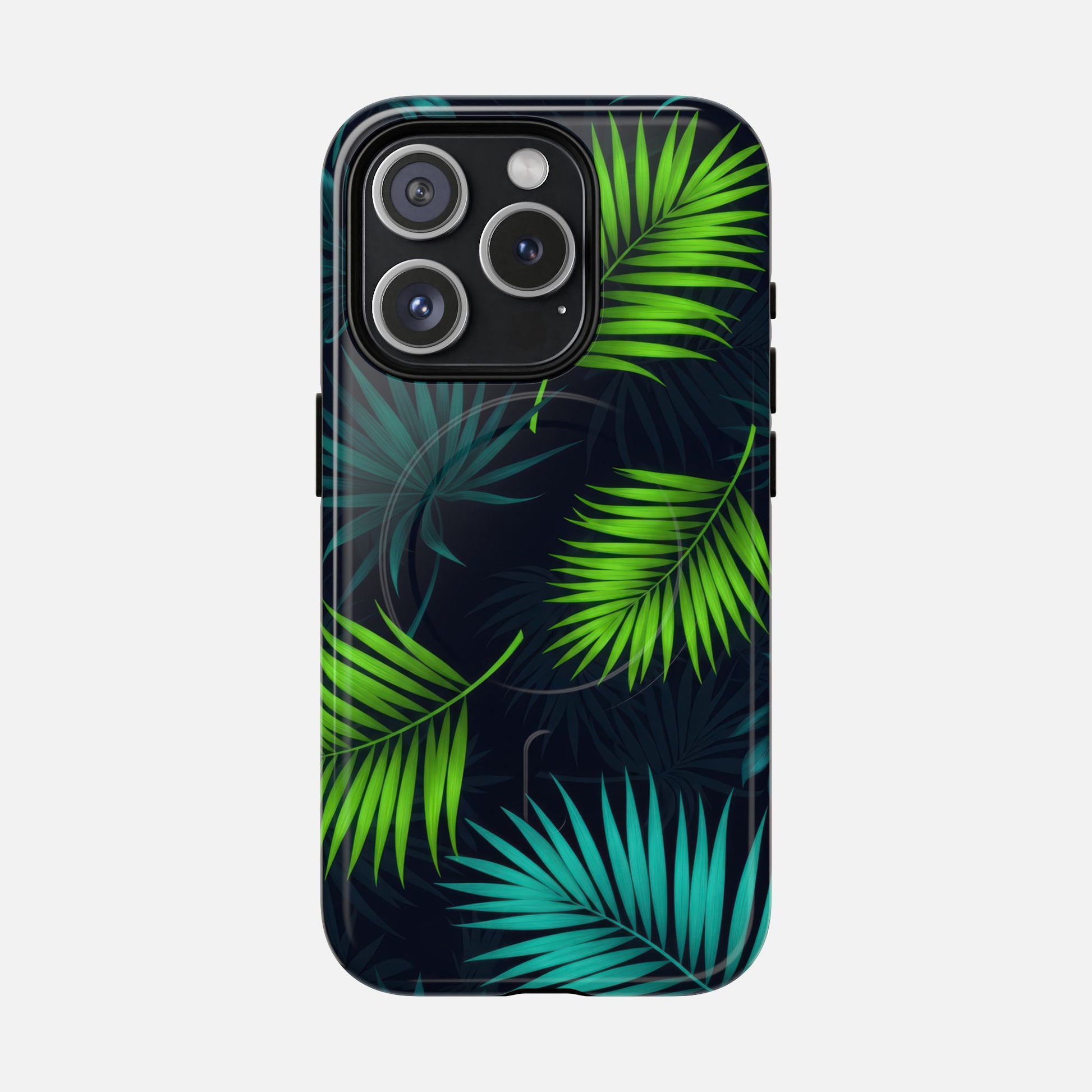 Tropical Palm Tough Magnetic Phone Case — Protective Magnetic iPhone Cover with Green Leaf Design iPhone 15 Pro Glossy Phone Case