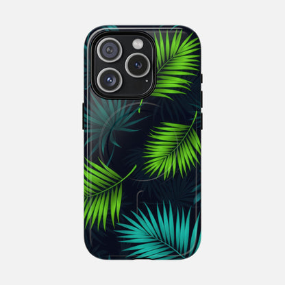 Tropical Palm Tough Magnetic Phone Case — Protective Magnetic iPhone Cover with Green Leaf Design iPhone 15 Pro Glossy Phone Case