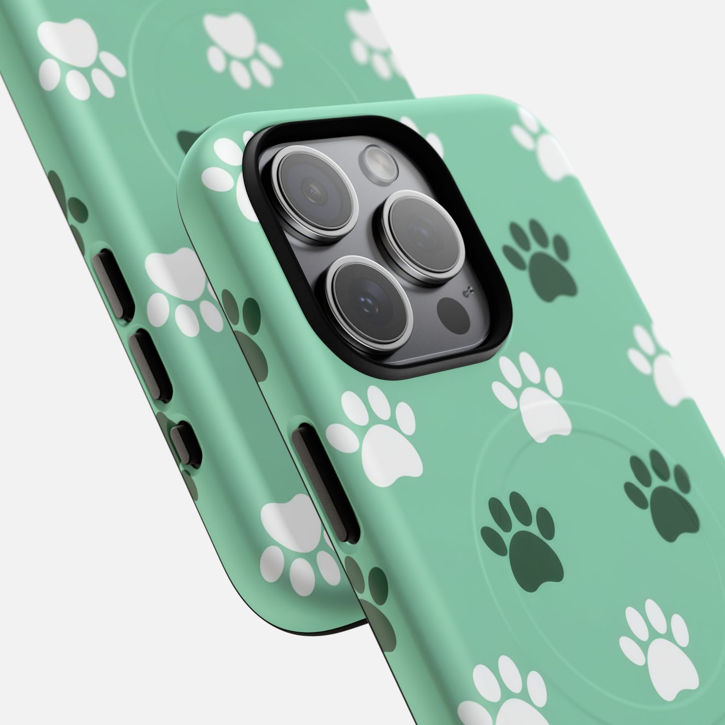Mint green phone case with white and dark green paw prints, compatible with iPhone Pro models