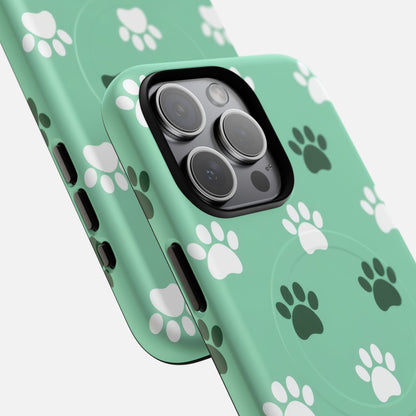 Mint green phone case with white and dark green paw prints, compatible with iPhone Pro models